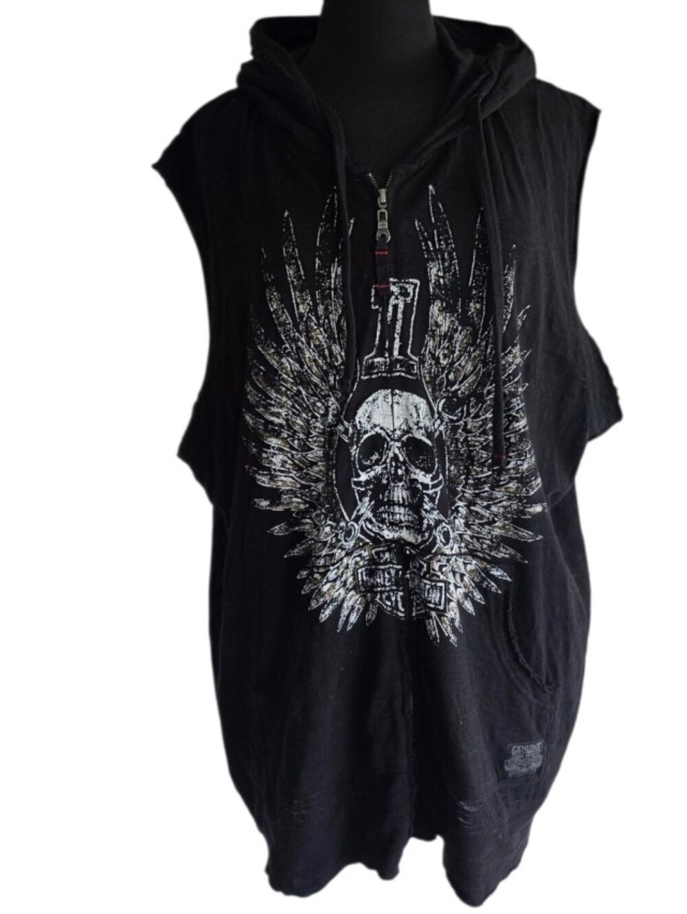Harley-Davidson Black Sleeveless Hooded Skull Wing Zip Shirt 2XL